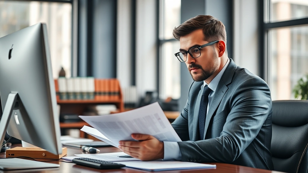Professional attorney in modern office reviewing legal documents at desk with computer, serious focused expression, law books visible in background, natural lighting through windows