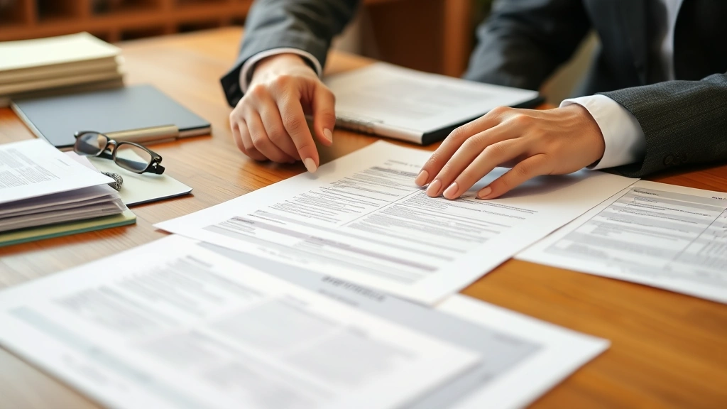 Close-up of hands reviewing business documents and contracts on wooden table, multiple folders and papers organized, professional workspace setting, warm office lighting