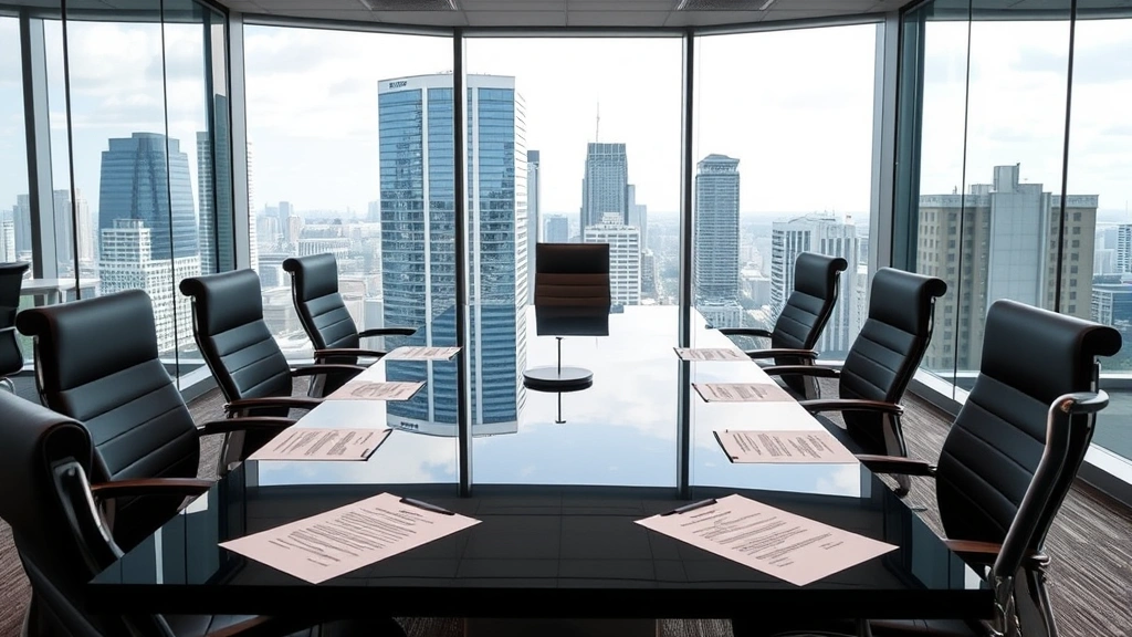 Modern office conference room with glass walls, professional meeting setup, papers and legal documents on table, cityscape visible through windows, business atmosphere