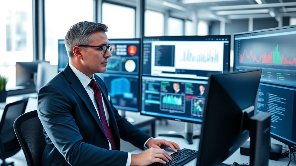 Professional cybersecurity consultant in business attire reviewing security analytics on multiple monitors in a modern office setting, showing confident expertise and focus