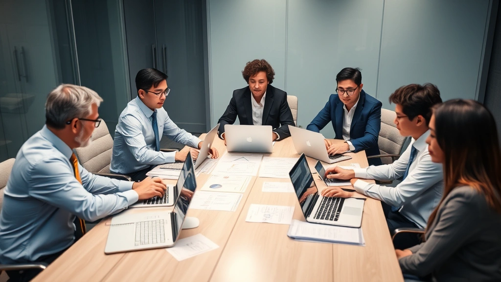 Team of security professionals in a corporate office collaborating around a conference table with laptops and security documentation, representing coordinated protection strategy