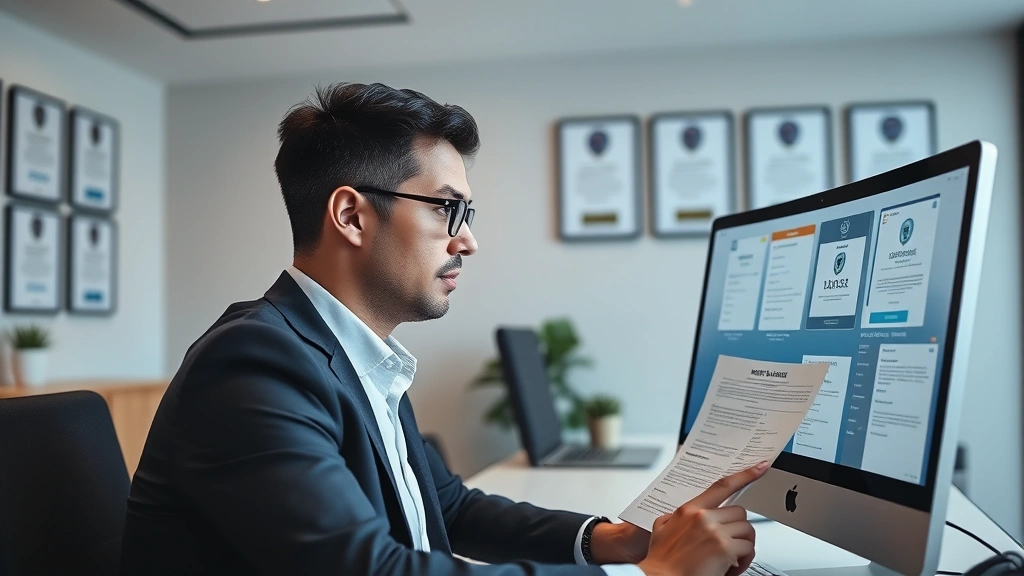 Professional cybersecurity attorney in modern office reviewing digital security documents on computer screen, serious expression, minimalist workspace with security certificates on wall, natural lighting, realistic photography style