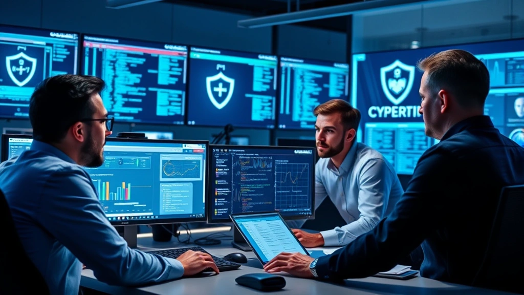 Team of security professionals conducting data protection assessment, reviewing digital security measures on multiple monitors, collaborative office environment, focused expressions, modern cybersecurity operations center aesthetic