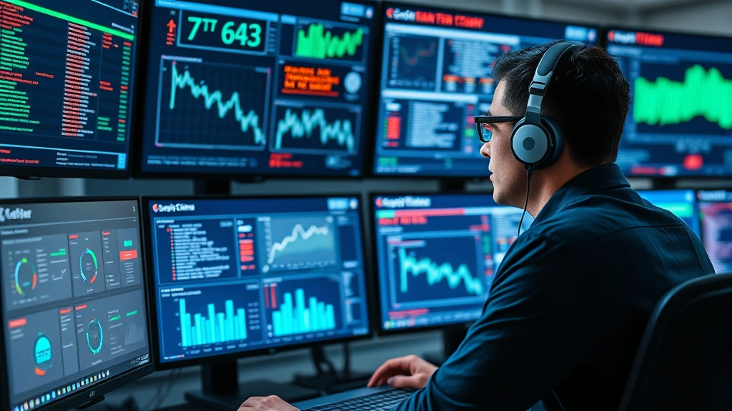 Professional cybersecurity analyst monitoring multiple digital security dashboards with network traffic visualization and threat detection alerts displayed on screens in a modern security operations center