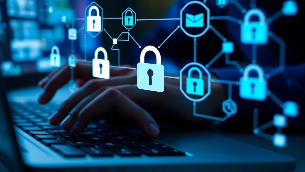 Close-up of cybersecurity professional's hands typing on keyboard with digital lock icons and network security visualizations appearing above the workspace, representing data protection and encryption