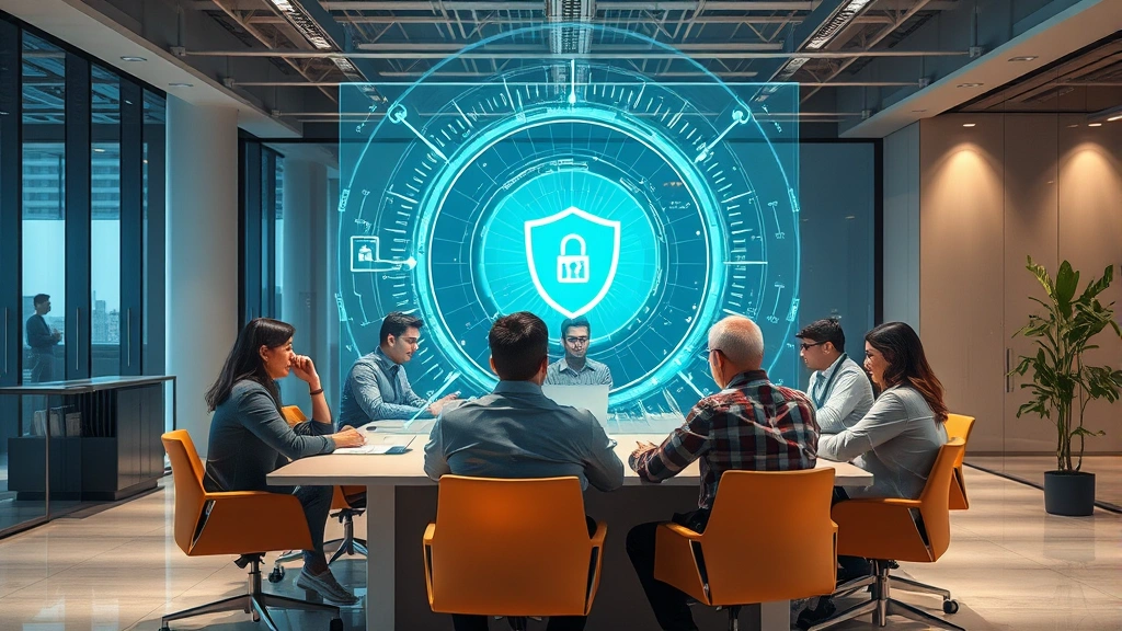 Modern office setting showing diverse team collaborating around a table with holographic security framework visualization, depicting zero trust architecture and collaborative security culture in contemporary workspace