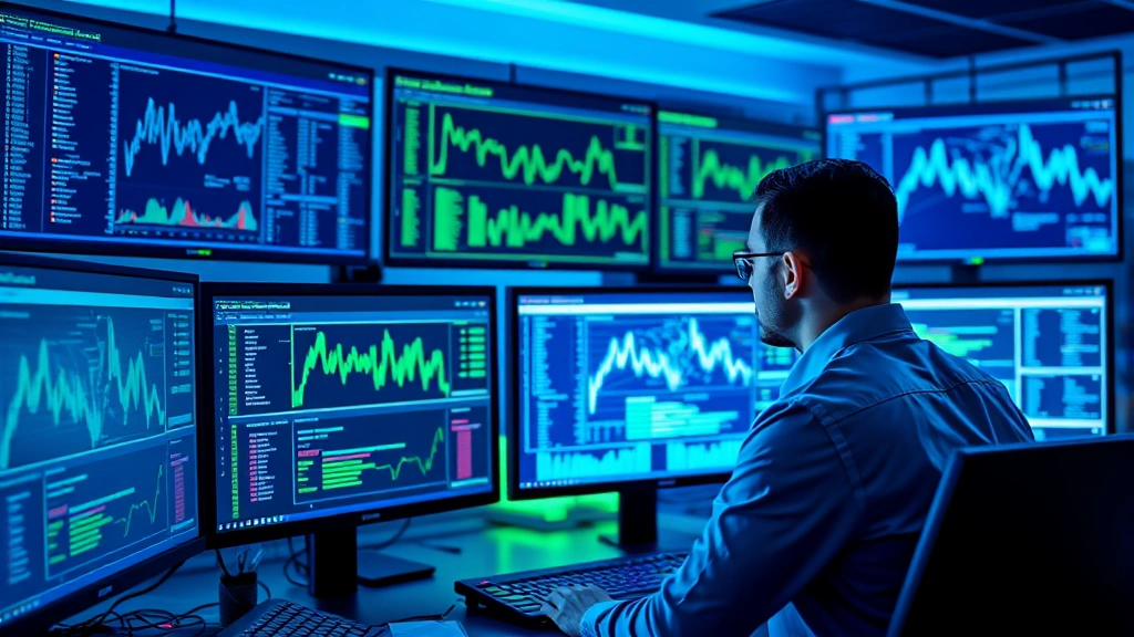 Professional cybersecurity analyst monitoring multiple computer screens displaying network traffic analysis and security dashboards with glowing data visualizations in a modern security operations center, blue and green color scheme, realistic photography