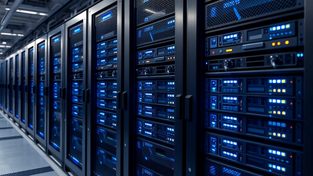 Close-up of secure data center with encrypted servers and networking equipment, blue LED indicators, rows of server hardware with security locks, professional enterprise environment, realistic detailed photography