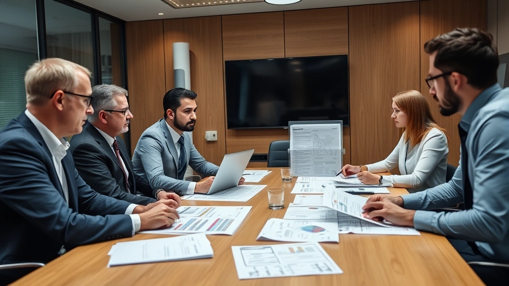 Team of security professionals in a conference room conducting incident response planning, reviewing threat intelligence reports and security documentation on a table, collaborative meeting environment, realistic business photography