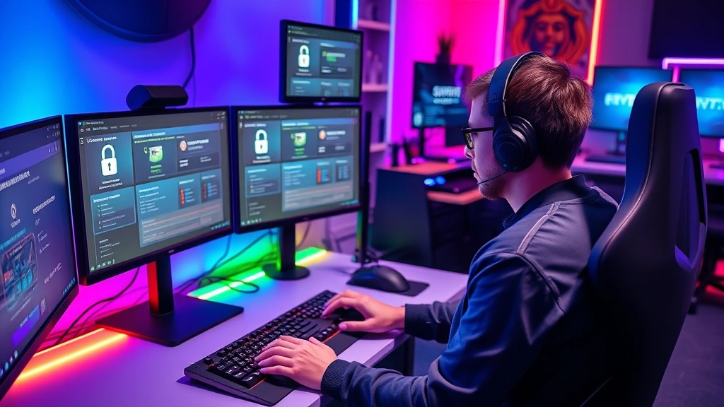 Professional esports player at high-end gaming setup with multiple monitors displaying security dashboards, RGB lighting, mechanical keyboard, mouse pad, showing secure authentication interface on screens, photorealistic gaming environment