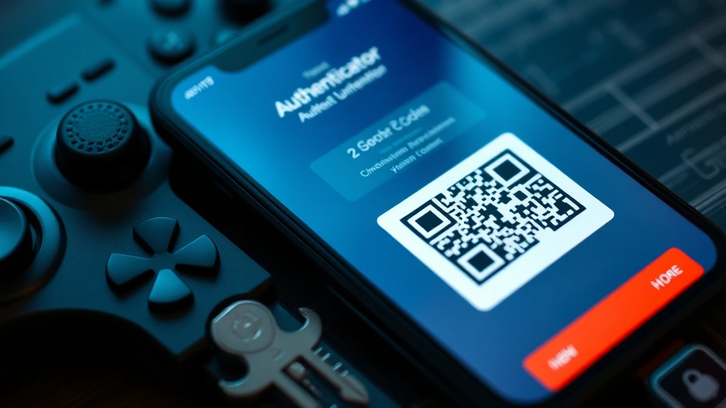 Close-up of authenticator app generating two-factor codes on smartphone screen next to gaming peripheral, showing security key and hardware authentication device, cybersecurity protection visualization, professional photography