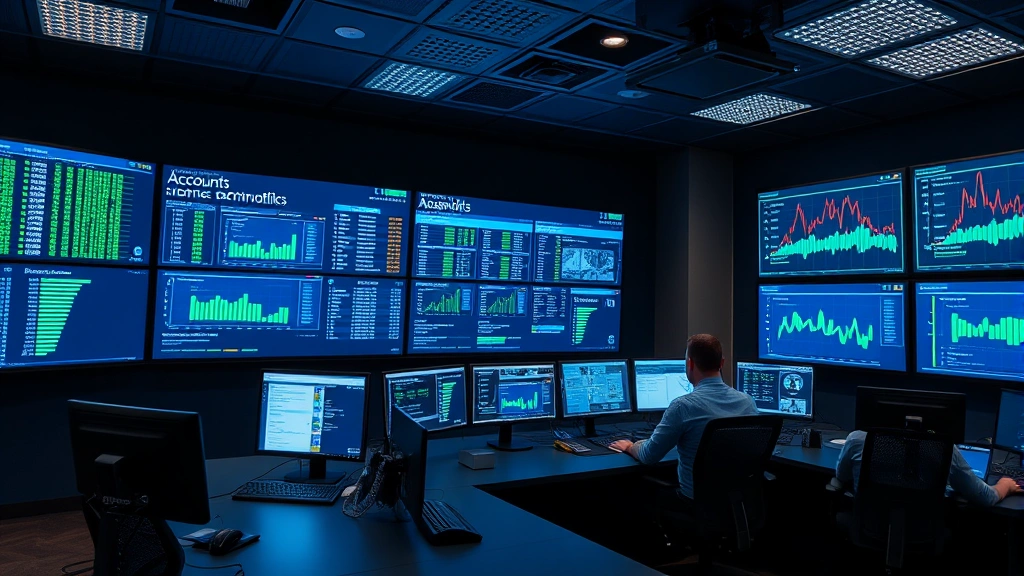 Cybersecurity operations center with multiple large displays showing account activity logs and security monitoring dashboards, security analysts reviewing threat data, professional enterprise security environment, blue and green technical displays
