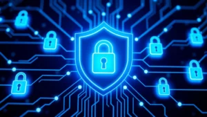 Digital shield protecting interconnected network nodes with glowing blue security locks, representing asset protection and cybersecurity infrastructure defense mechanisms