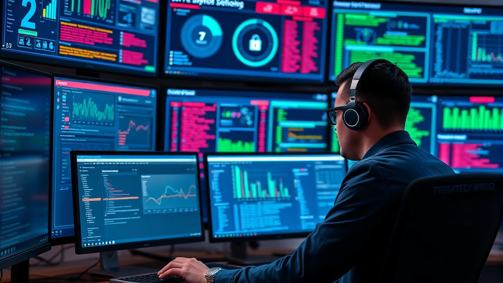 Professional cybersecurity analyst monitoring multiple screens displaying security dashboards and threat detection systems, focused on identifying and responding to security incidents