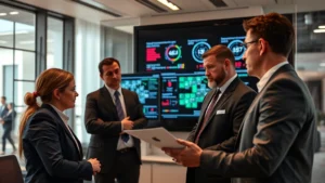 Professional security team conducting risk assessment in modern corporate office, reviewing security protocols and threat intelligence reports on digital displays, focused serious demeanor