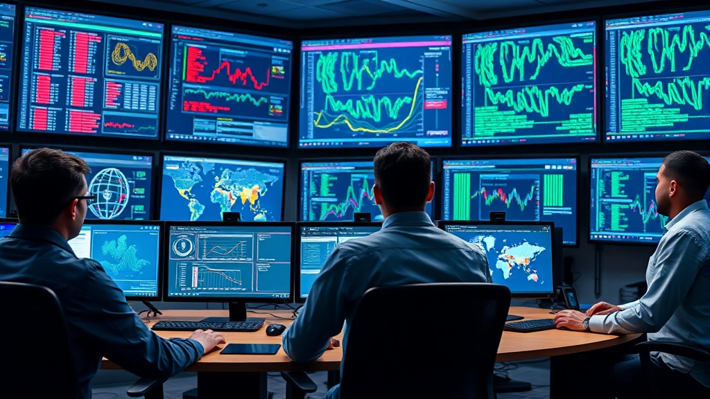 Diverse cybersecurity specialists monitoring security operations center with multiple screens showing network traffic patterns and threat detection systems, professional workspace environment