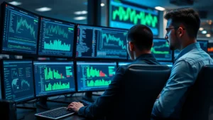 Professional cybersecurity analyst working at multiple monitors displaying network traffic analysis and security dashboards in a modern corporate SOC environment with blue and green data visualizations