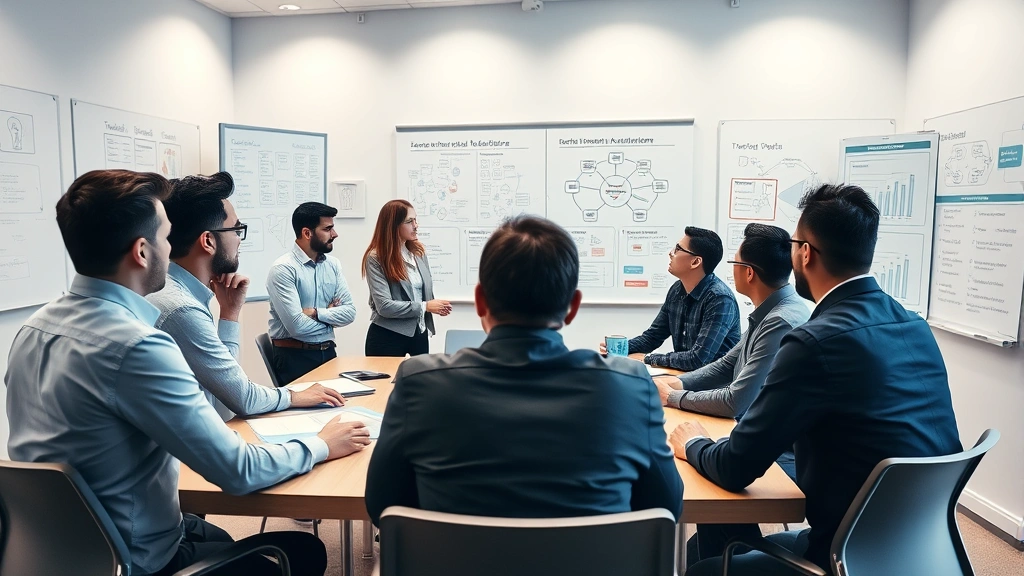 Diverse team of security professionals in a collaborative meeting room planning incident response strategy with security architecture diagrams and threat models visible on whiteboards