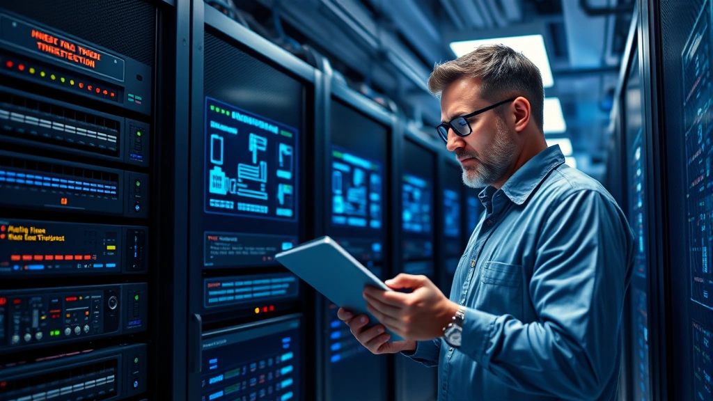 Cloud security engineer examining infrastructure security in a data center environment with server racks, network equipment, and security monitoring systems displaying real-time threat detection