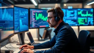 Professional cybersecurity analyst reviewing security metrics on multiple monitors in a modern office environment, focused expression, blue and green data visualizations visible