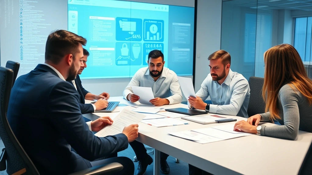 Team of security professionals in meeting room examining data protection strategies, reviewing documents and discussing compliance requirements, collaborative atmosphere