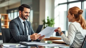 Professional lawyer in modern office reviewing legal documents with client, natural lighting, confident expression, desk with papers and computer visible, contemporary workspace setting