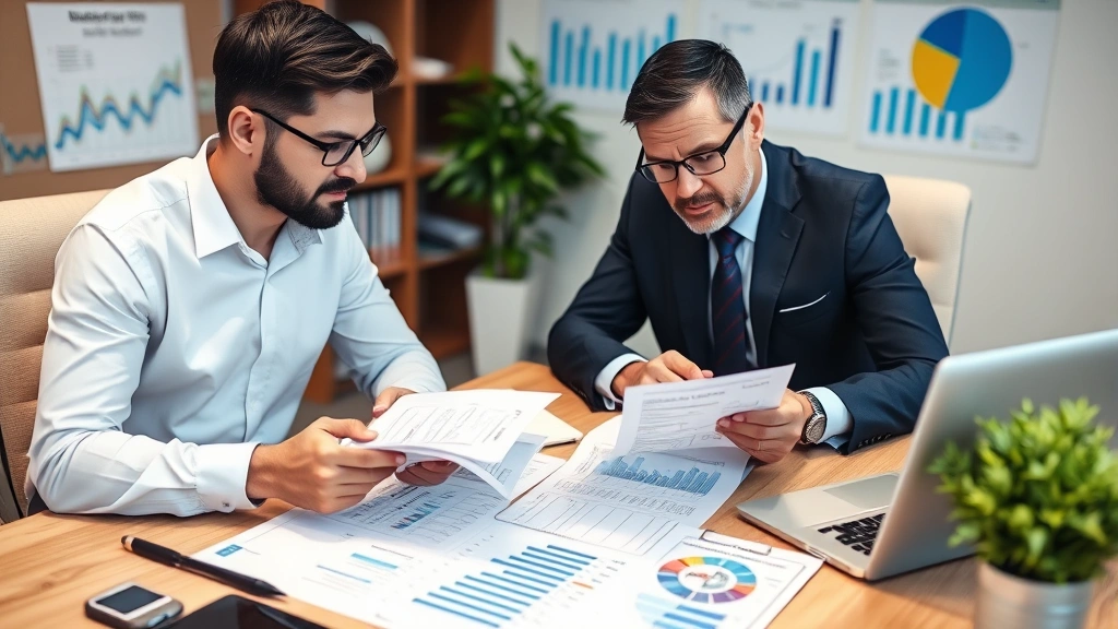 Business owner reviewing financial statements and asset portfolio documents with professional advisor, focused concentration, organized office environment, charts and financial data visible on desk