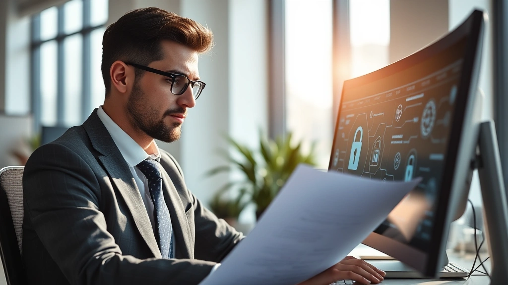 Professional lawyer in modern office reviewing cybersecurity documents on computer screen with digital security icons visible, focused and confident expression, daylight streaming through windows