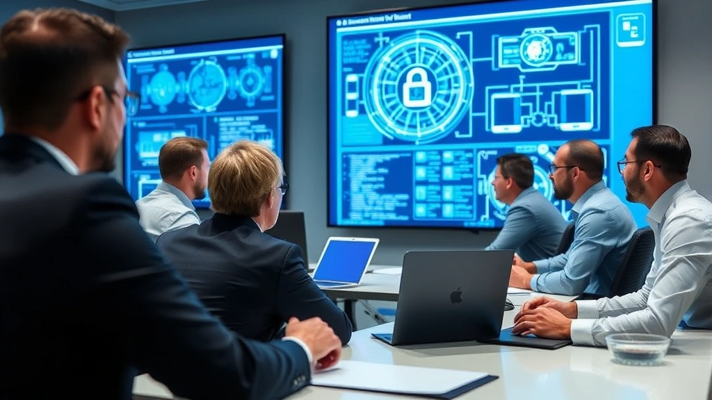 Diverse team of cybersecurity professionals and legal experts collaborating in conference room with digital displays showing network security diagrams, reviewing incident response procedures together