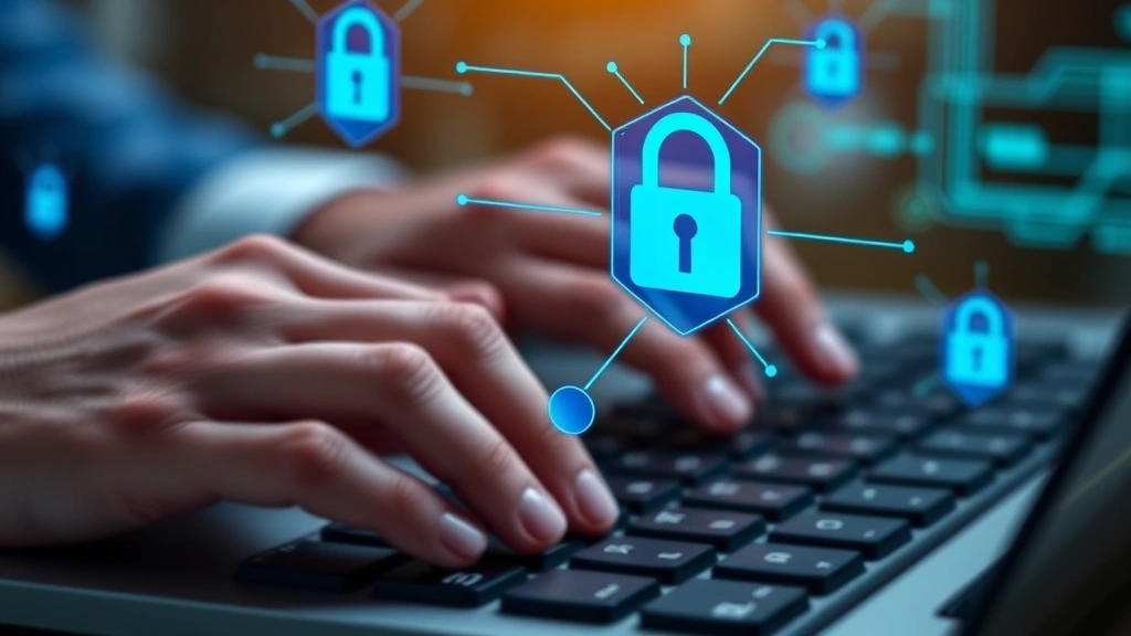 Close-up of hands typing on keyboard with blue digital lock and shield symbols floating above, representing data protection and legal compliance in cybersecurity environment
