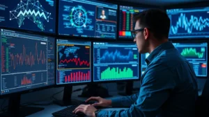 Cybersecurity professional analyzing threat intelligence dashboards with network visualizations, multiple monitors displaying real-time security metrics, modern security operations center environment