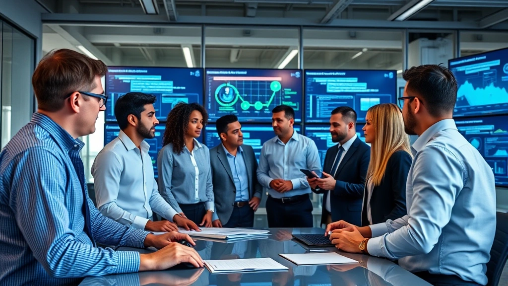 Team of cybersecurity experts collaborating in contemporary office setting, reviewing security protocols on large display screens, diverse professionals discussing threat response procedures