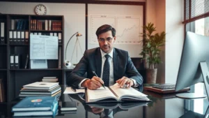 Professional lawyer in modern office reviewing legal documents and financial charts on desk, sophisticated workspace with law books and computer, serious focused expression