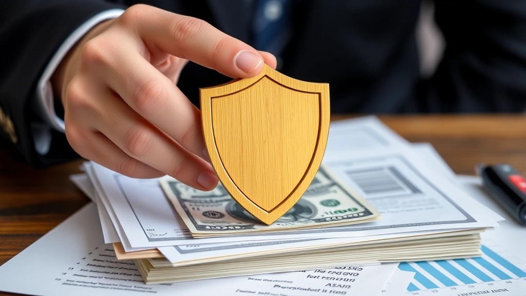 Close-up of business professional holding protective shield symbol over stack of money and property documents, representing asset protection and financial security