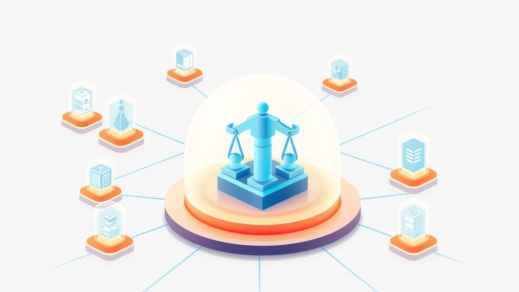 Digital illustration of interconnected legal structures and protective layers surrounding valuable assets, network of safeguards and shields in modern design aesthetic