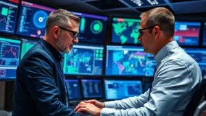 Professional asset protection manager reviewing security dashboards and network monitoring displays in a modern security operations center, with multiple screens showing system status and threat intelligence data, serious focused expression