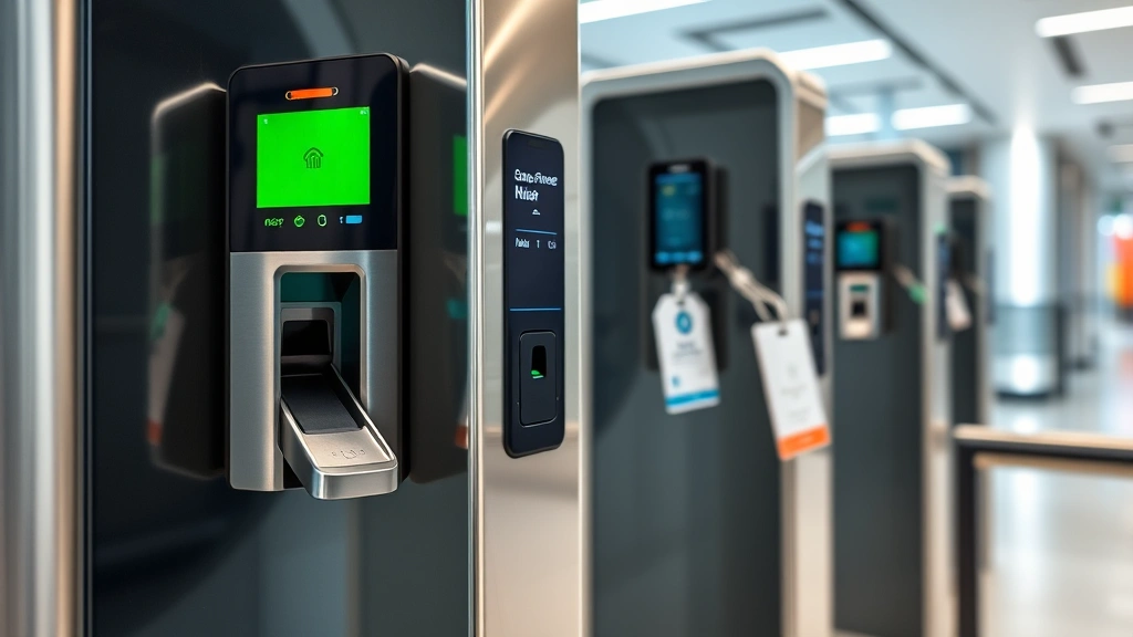 Close-up of sophisticated access control system with biometric scanner and digital badge reader integrated together, showing modern security checkpoint technology in corporate environment, clean professional setting