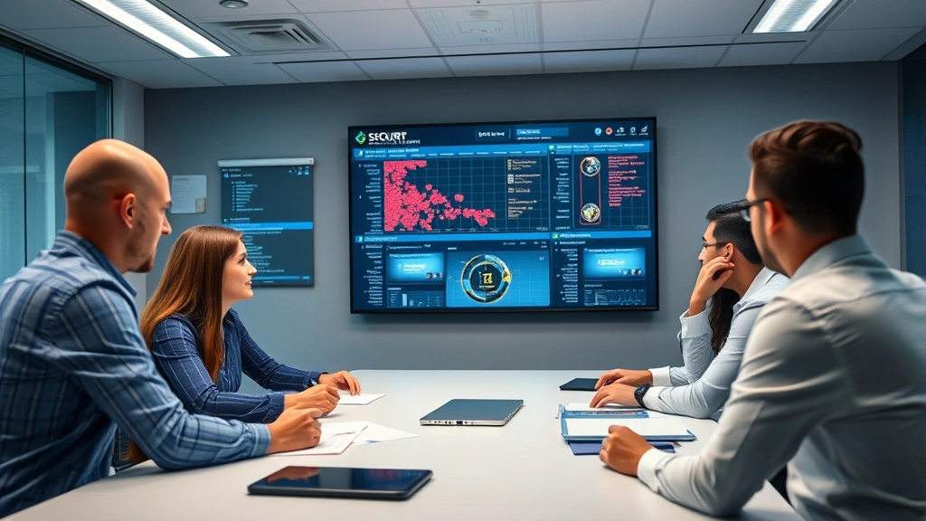 Security incident response team in conference room reviewing incident timeline on large display screen, with team members analyzing threat data and coordinating response procedures, collaborative professional atmosphere