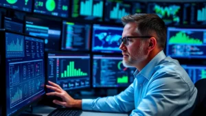 Cybersecurity analyst reviewing digital asset inventory on multiple computer monitors in a modern SOC, focused expression, data dashboards visible, blue and green lighting, professional corporate environment