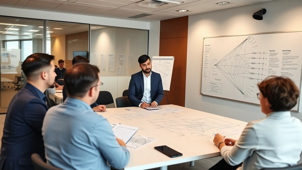 Risk assessment meeting with diverse team members examining threat models on whiteboard and network diagrams, collaboration and discussion, modern conference room with security posters on walls
