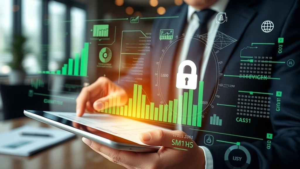 Business executive reviewing digital assets and financial documents on tablet with secure data encryption visualization in background, professional office setting