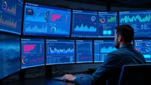 A cybersecurity professional monitoring multiple security dashboards with real-time threat intelligence displayed on large screens in a modern security operations center, showing data protection metrics and network activity