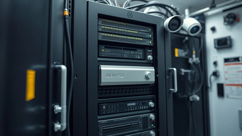 A close-up of a hardware security module and encryption key storage system in a secure server room, with proper physical security controls and monitoring equipment surrounding the critical infrastructure