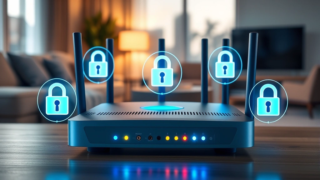 Photorealistic image of a home router with glowing security indicators and digital padlock symbols surrounding it, representing network protection and encryption in a modern living room environment