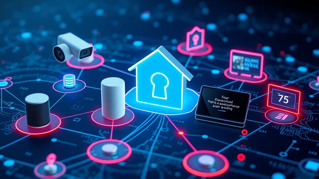 Photorealistic illustration of interconnected smart home devices like cameras, speakers, and thermostats displayed on a digital network visualization with security layers and firewall boundaries protecting them