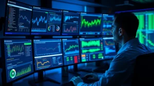 Professional cybersecurity analyst reviewing data protection metrics on multiple monitors in a modern security operations center, displaying security dashboards and threat intelligence visualizations with blue and green ambient lighting, photorealistic, no text or code visible