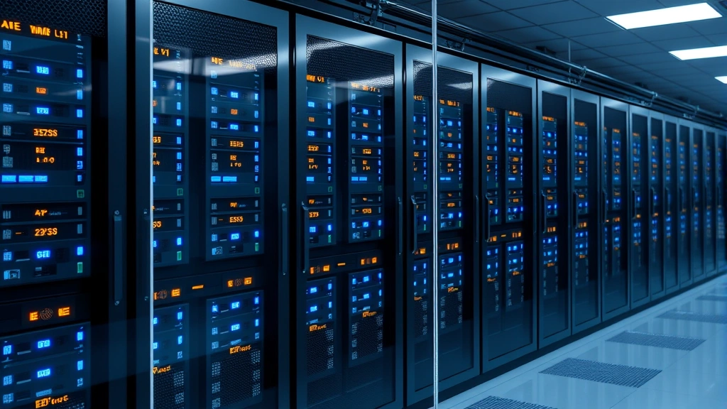Secure data center with rows of encrypted servers behind reinforced glass, blue and amber indicator lights, professional equipment racks with cooling systems, cybersecurity infrastructure environment, photorealistic, no visible labels or text
