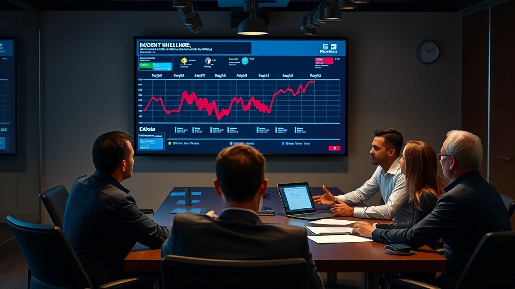 Team of security professionals in conference room conducting incident response meeting, reviewing breach timeline on large display screen, collaborative security assessment atmosphere, professional business setting, photorealistic, no visible charts or text on screens
