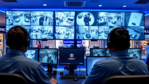 Modern retail store security control room with multiple surveillance monitors displaying various angles of shopping floor, personnel wearing headsets monitoring systems, professional security center with blue lighting and advanced technology equipment