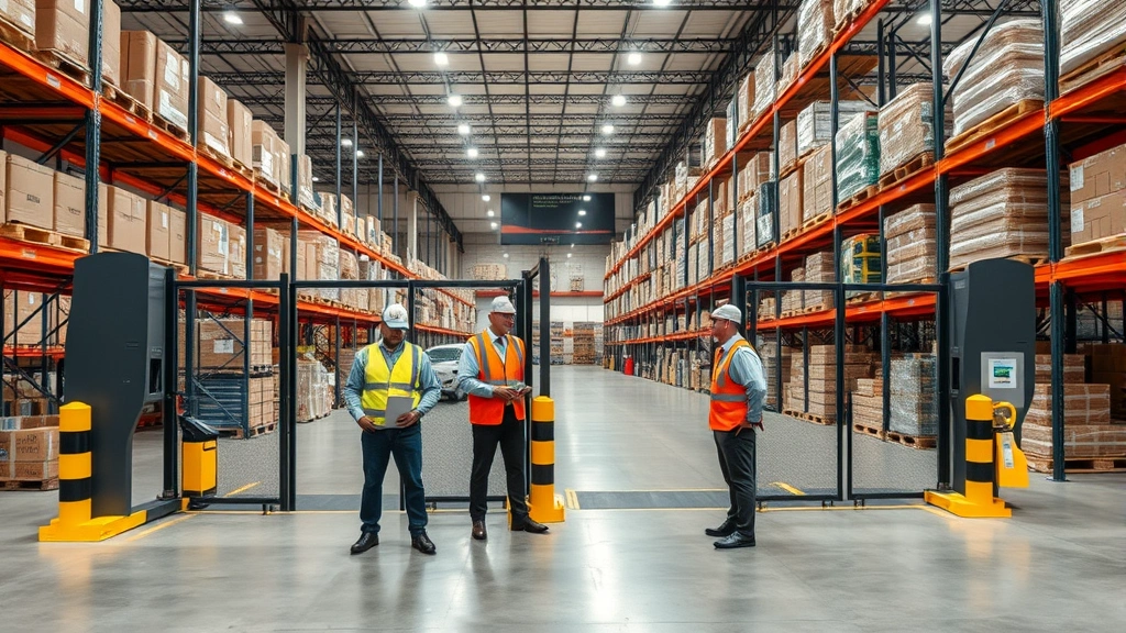 Warehouse security checkpoint with access control gates, inventory scanning equipment, security personnel in vests checking credentials, organized product storage with barcode systems and professional logistics infrastructure